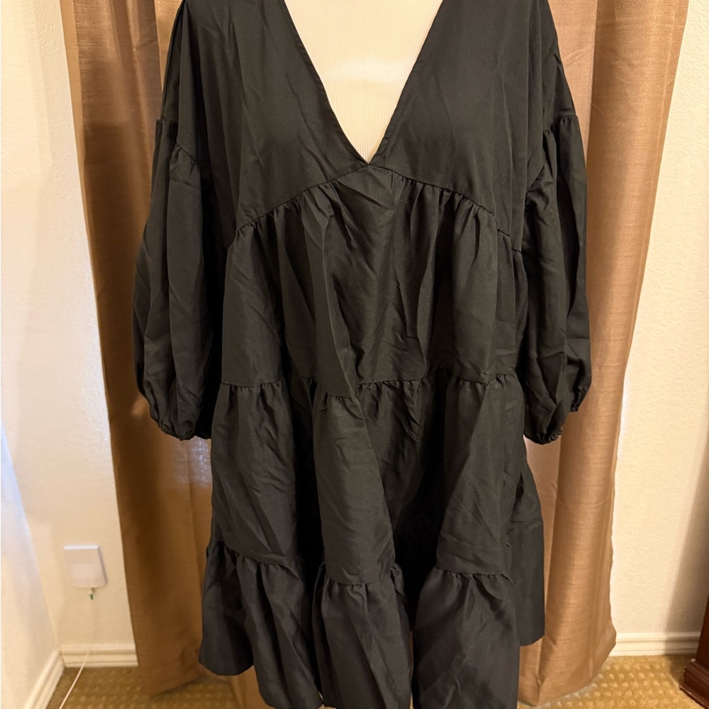 Boohoo Black Puff Sleeve Smock Dress